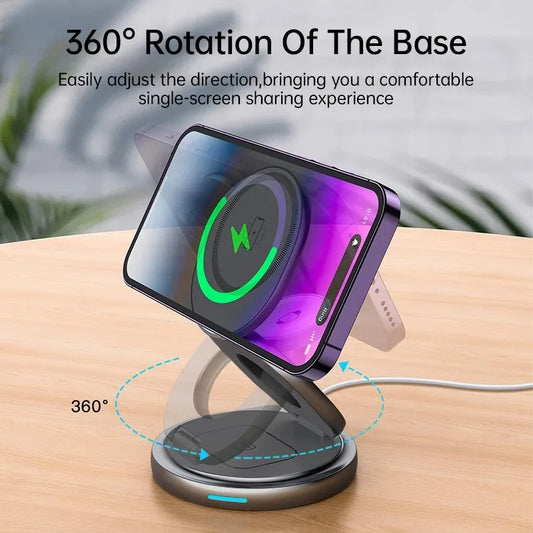 3 In 1 Metal Magnetic Wireless Charger Fast Charging Station Stand 360